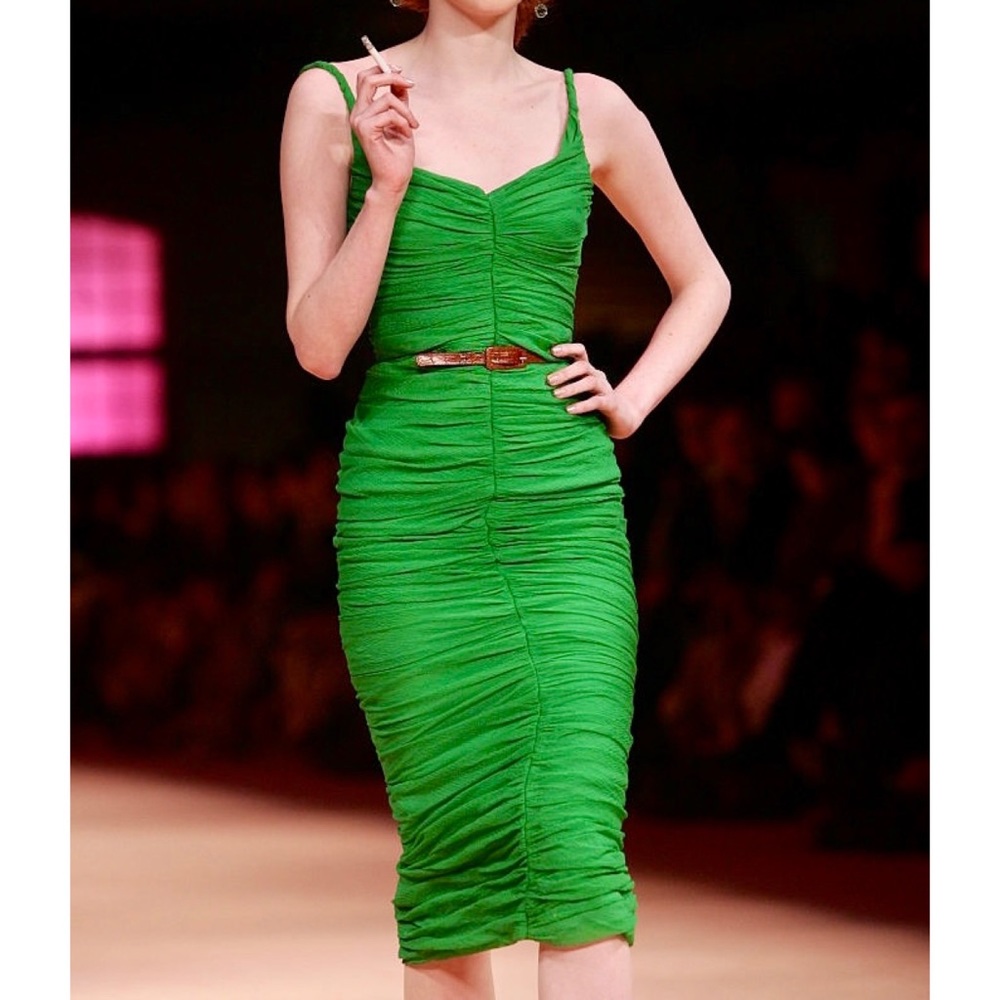 ALEXANDER MCQUEEN VINTAGE GREEN SILK RUCHED DRESS SIZE 40